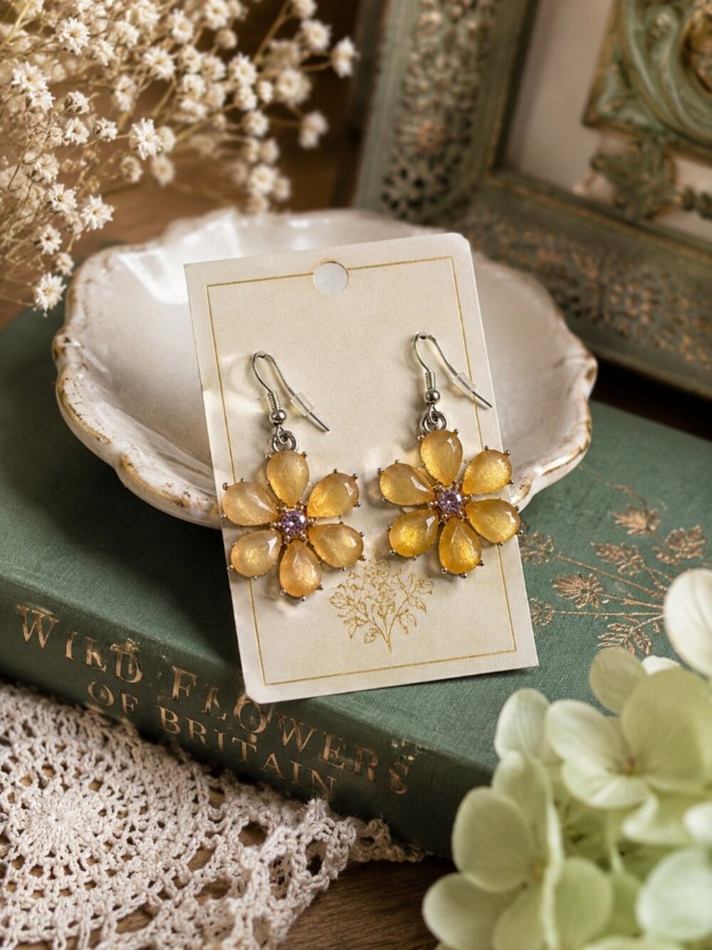 Vintage Yellow Flower Drop Earrings | Retro Floral Dangle Earrings | Cottagecore